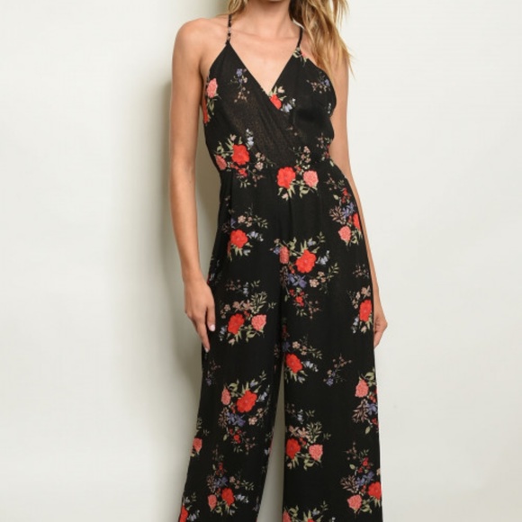Le Lis Pants - Black & Gold Floral Wide Leg Romper Jumpsuit L